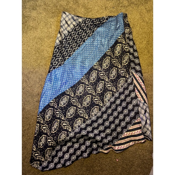 Boho Patchwork Handkerchief Hem Midi Skirt Navy Blue Paisley Mixed Print Women - Picture 2 of 4